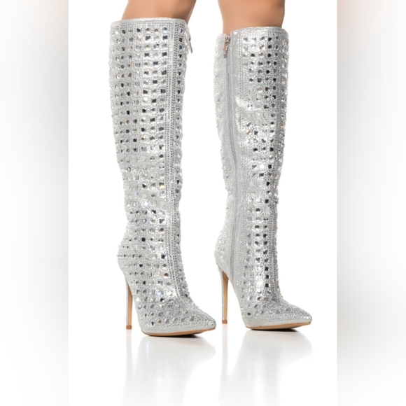 ""STARLIGHT DIVA" Sparkling Silver Rhinestone Heeled Boots - Picture 1 of 8